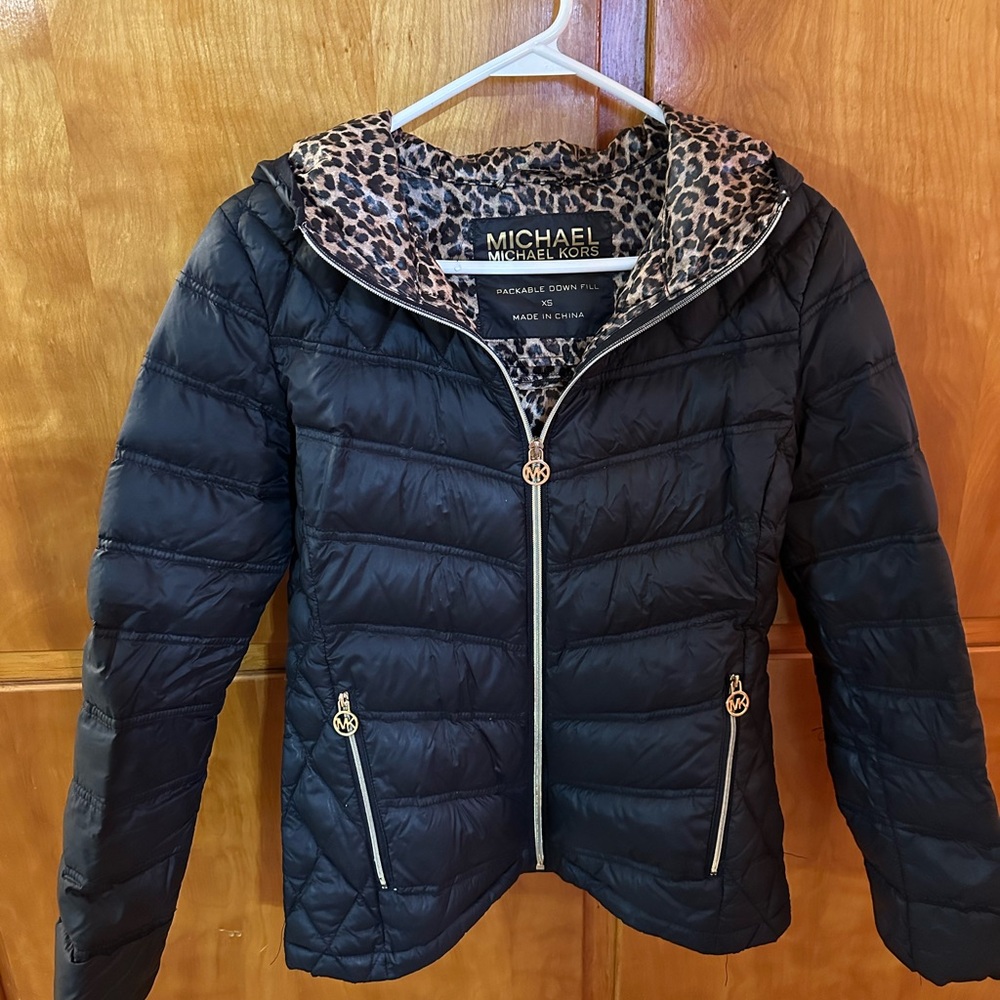 Michael Kors Black Packable Down Jacket with Animal Print Lining